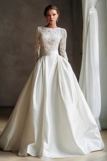 Ivory A-Line Appliqued Wedding Dress With Long Sleeves